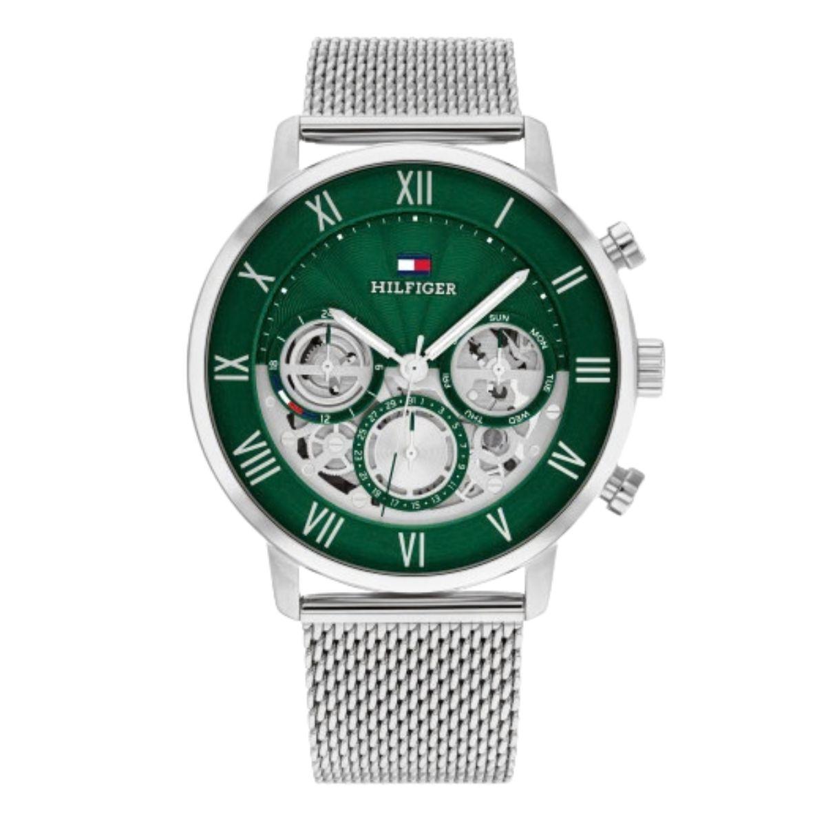 Reloj Tommy hilfiger de color plateado con esfera verde, modelo Legend