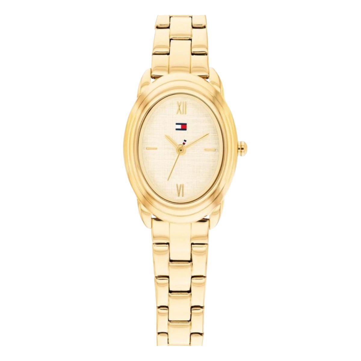 Gold-tone oval watch for women by Tommy Hilfiger.