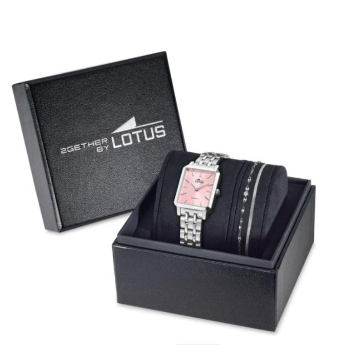 RELOJ Y PULSERA LOTUS 2GETHER DE ACERO PLATEADO CON ESFERA CUADRADA ROSA 19008/2