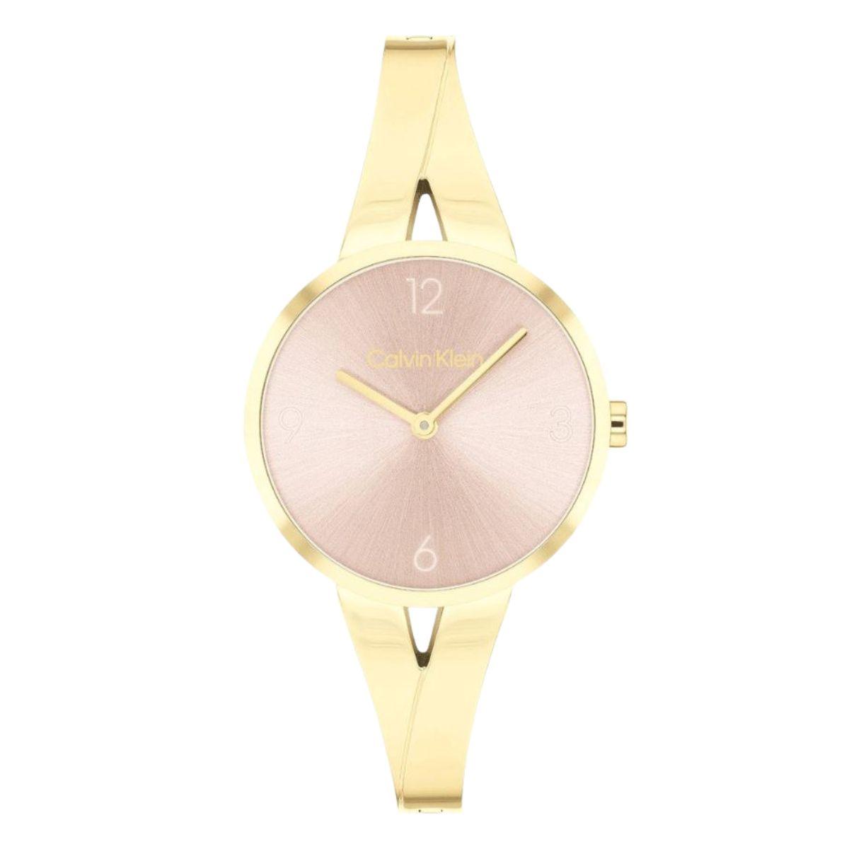 reloj calvin klein modelo joyful color dorado y esfera rosa para mujer