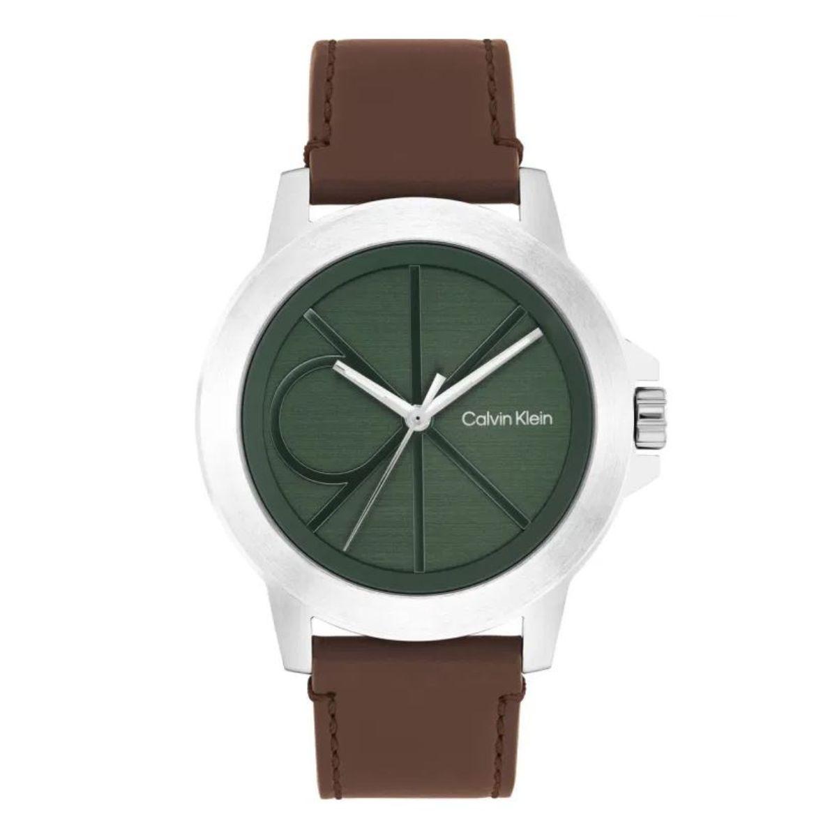 RELLOTGE CALVIN KLEIN RESET COLOR PLATEJAT, ESFERA VERDA I CORRETJA PELL MARRÓ 25200527