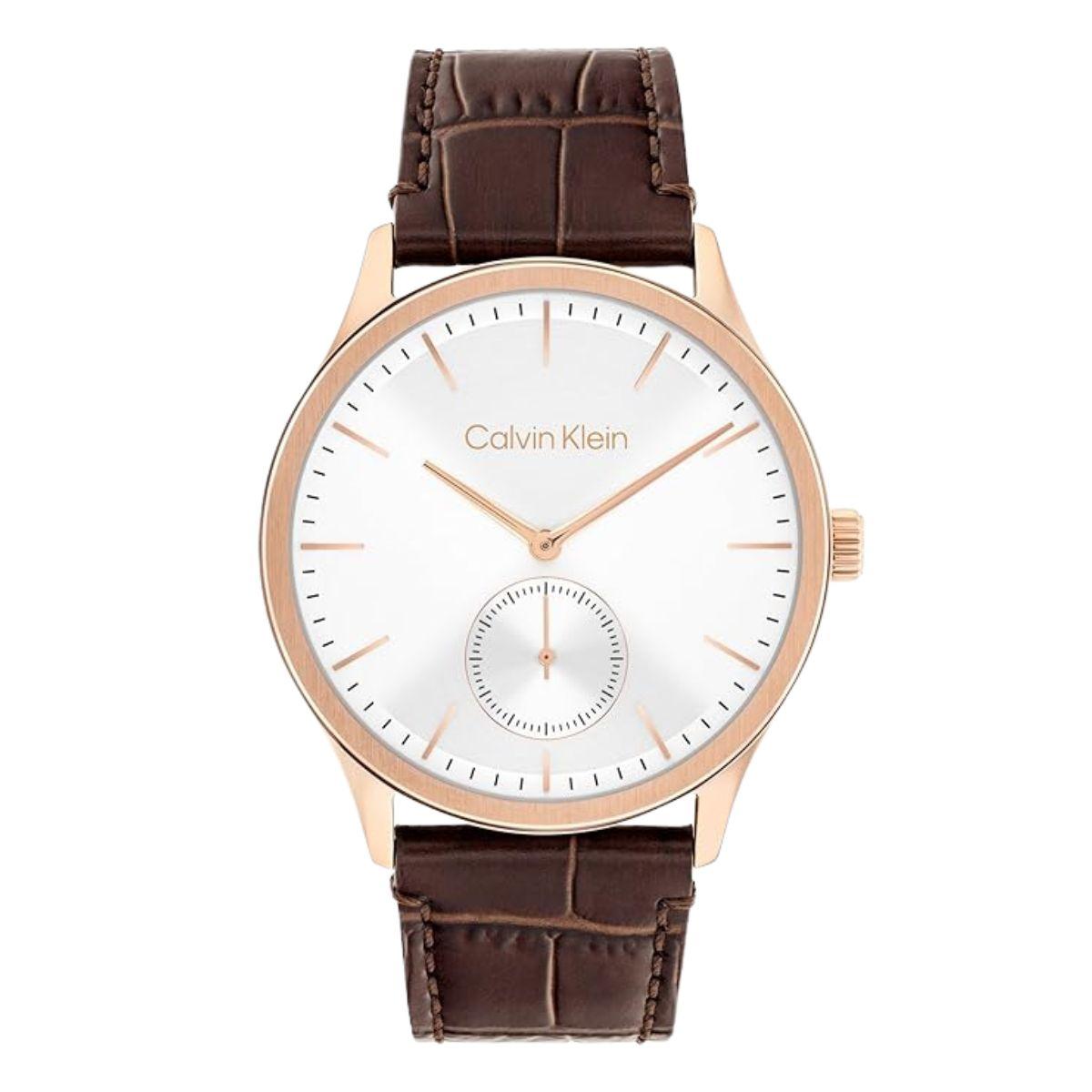 reloj marca calvin klein para hombre con correa de piel marron y esfera blanca