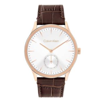 reloj marca calvin klein para hombre con correa de piel marron y esfera blanca