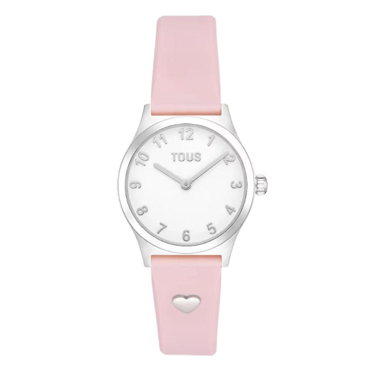 Tous analog watch with a pink silicone strap and a white and silver dial