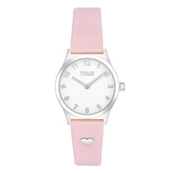 Tous analog watch with a pink silicone strap and a white and silver dial