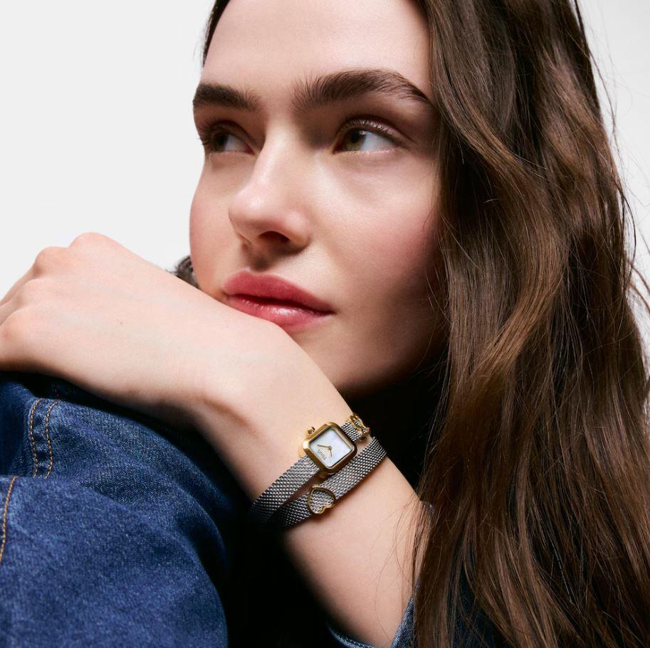 TOUS ICON TIME EMBRACED WATCH WITH DOUBLE STRAP IN SILVER-TONE, GOLD-TONE CHARMS AND SQUARE MOTHER-OF-PEARL DIAL 3000150400