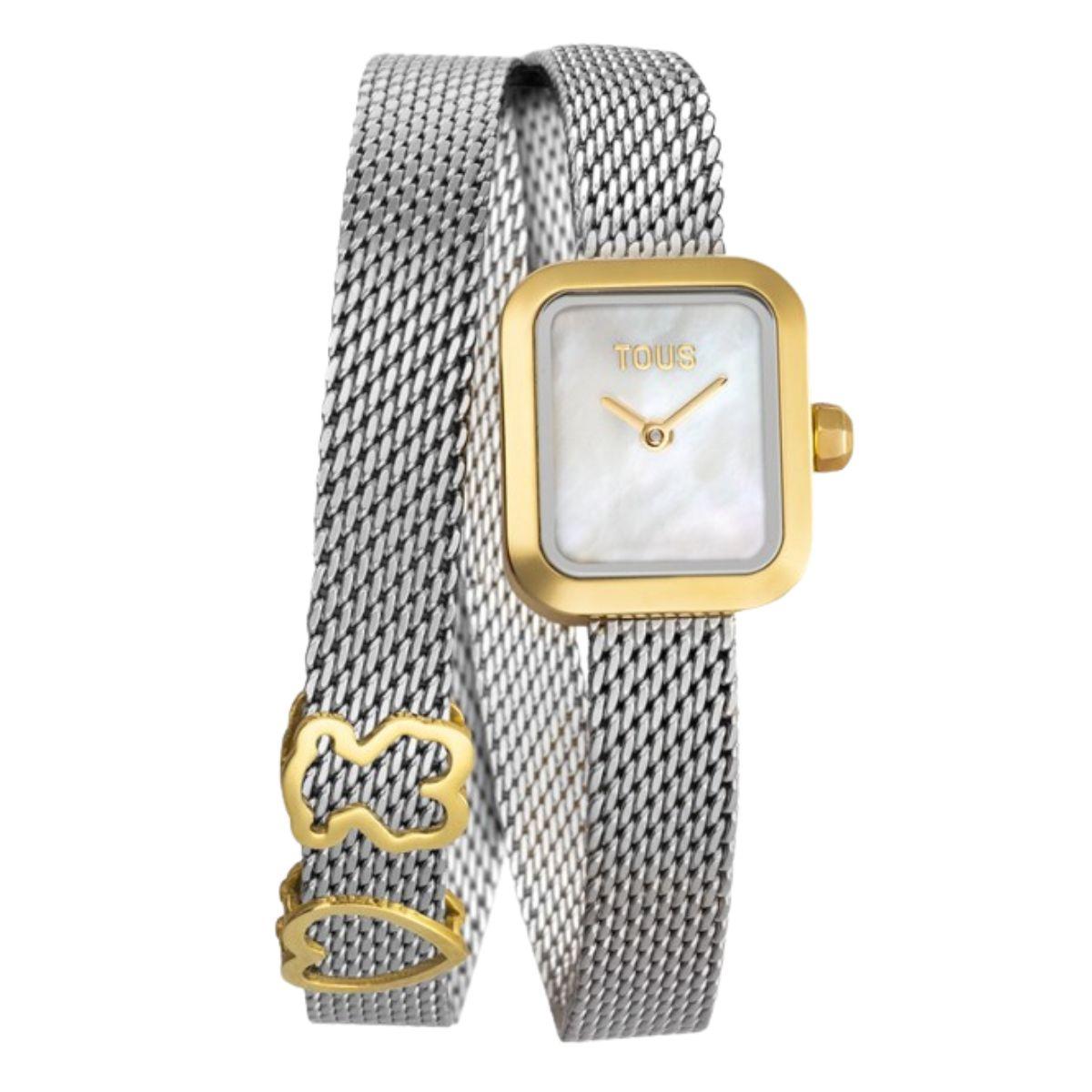 TOUS analog watch with a dual-strand silver-tone steel metal strap and gold-tone charms