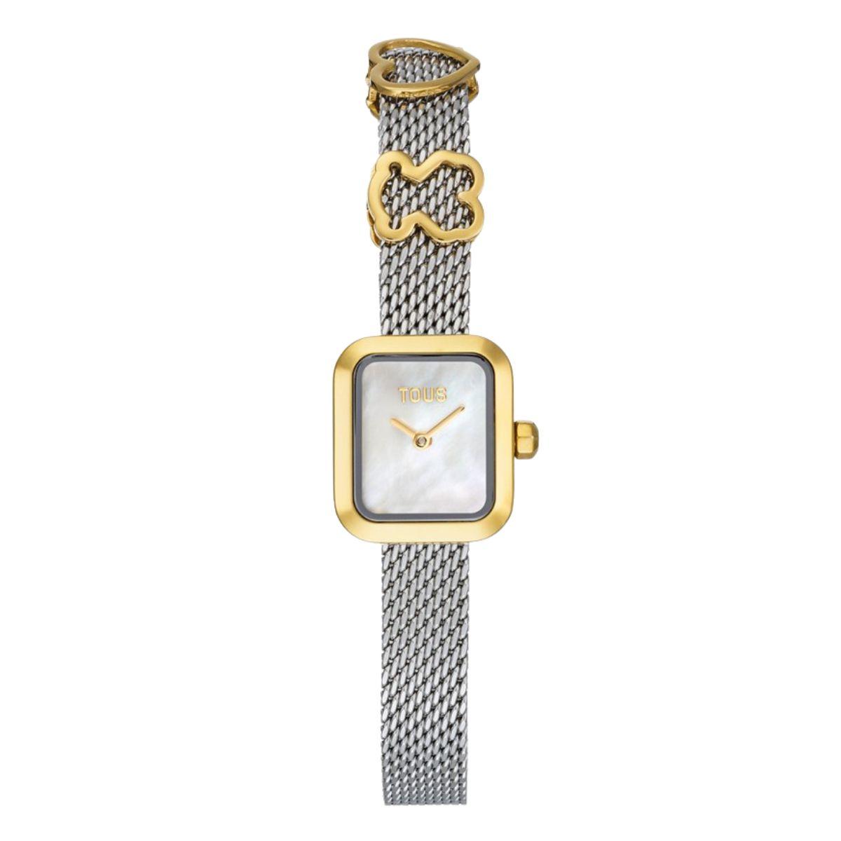 TOUS watch with a square mother-of-pearl dial and a metal steel strap featuring gold-colored charms