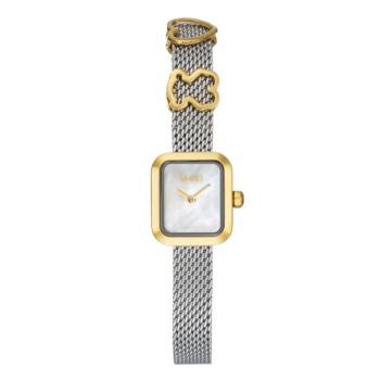TOUS watch with a square mother-of-pearl dial and a metal steel strap featuring gold-colored charms