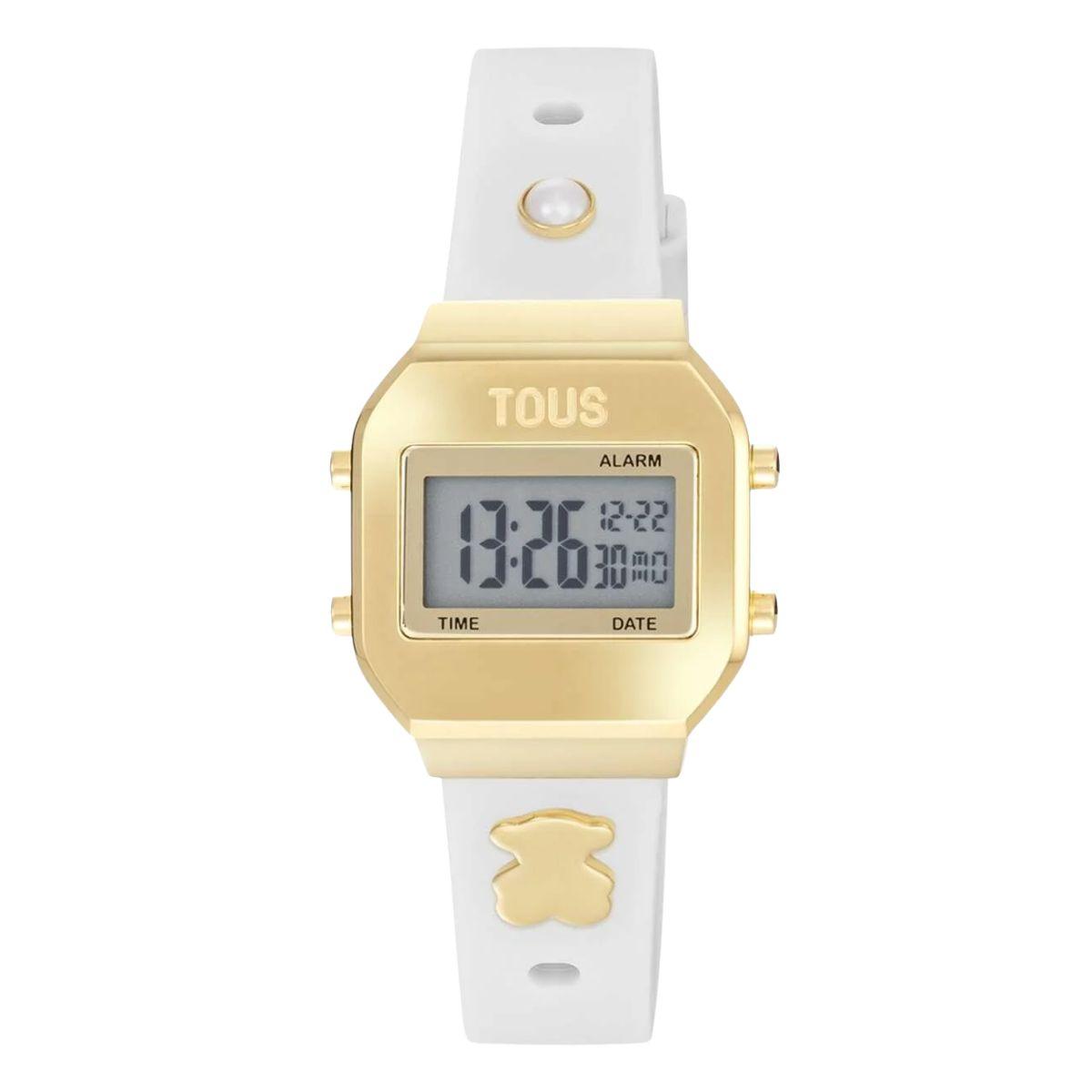 Reloj TOUS digital en color dorado, correa de silicona blanca y charms intercanviables en color dorado y perla cultivada