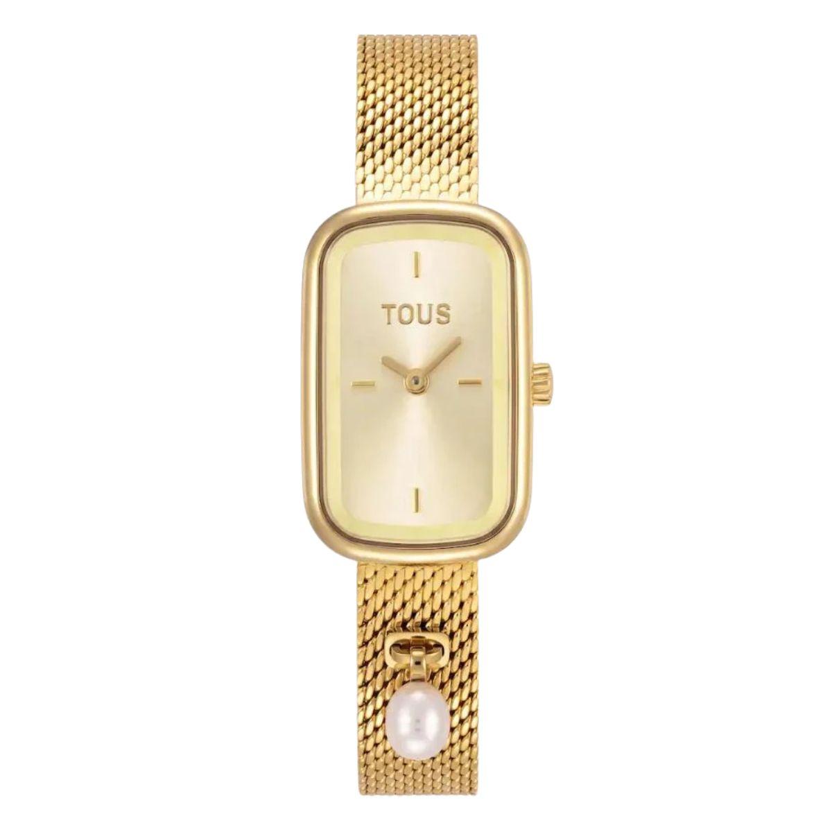 TOUS T-Band Club analog watch in gold-tone, featuring a cultured pearl charm on the strap
