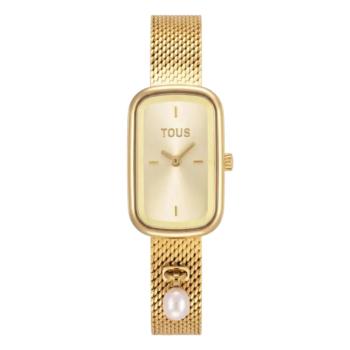 TOUS T-Band Club analog watch in gold-tone, featuring a cultured pearl charm on the strap