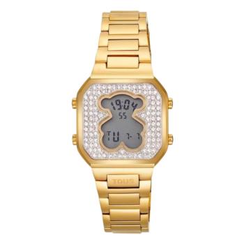 Tous D-Bear Mini digital watch in gold-tone steel with a white zirconia-studded dial