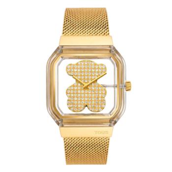 Tous analog watch, D-Bear Party model, featuring a gold-tone steel strap and a transparent case with white cubic zirconia stones.