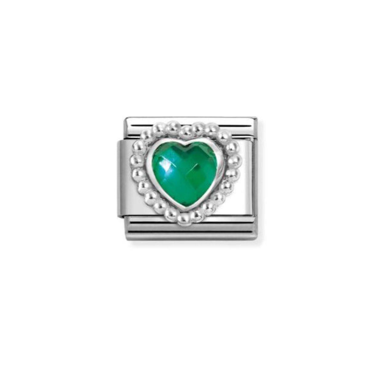 LINK NOMINATION DE ACERO, PLATA Y PIEDRA VERDE FORMA CORAZON 330606 004