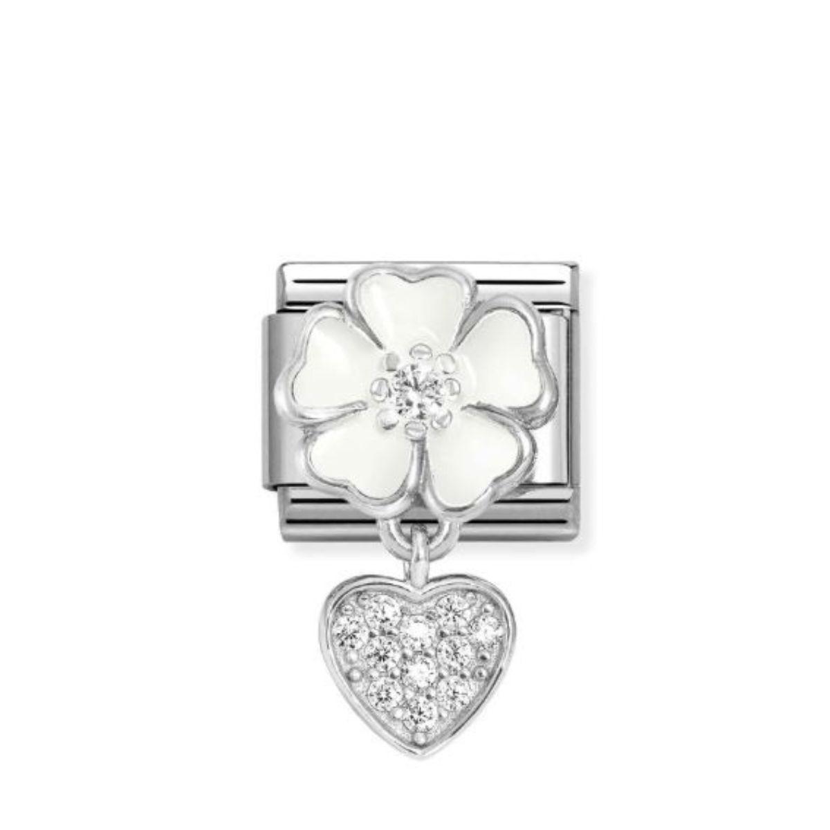 LINK NOMINATION DE ACERO, PLATA Y FLOR DE ESMALTE BLANCO CON CORAZON DE CIRCONITAS 331814 04