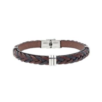 PULSERA LISKA ACERO Y PIEL MARRON Y NEGRA TRENZADO 84BA1564