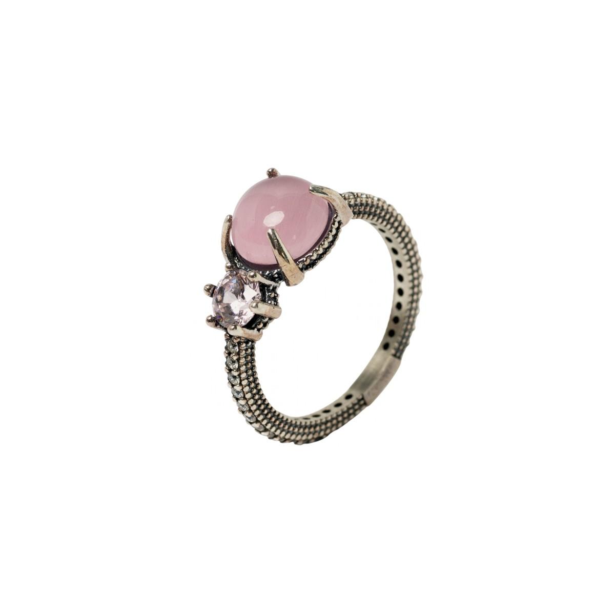 SUNFIELD PINK CINNAMON LEATHER RING IN SILVER, QUARTZ AND ZIRCONIA.