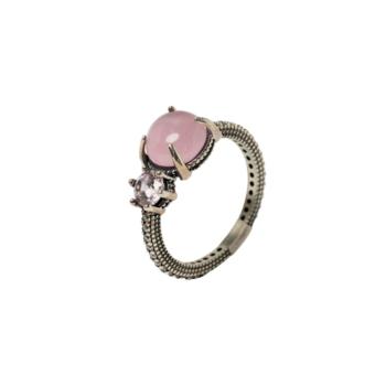 SUNFIELD PINK CINNAMON LEATHER RING IN SILVER, QUARTZ AND ZIRCONIA.
