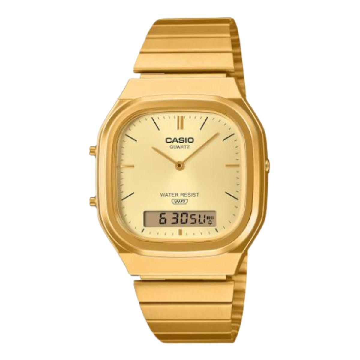 Rellotge casio vintage color daurat dual display per a home amb esfera quadrada.