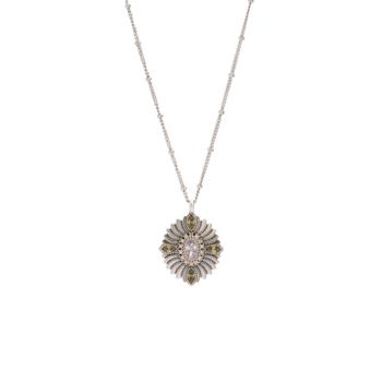 Colgante Sunfield de la colección Palmira de plata reciclada decorado con piedras en tonos peridoto y rosa claro; una joya de inspiración floral que destaca por su volumen, textura y juego de color.