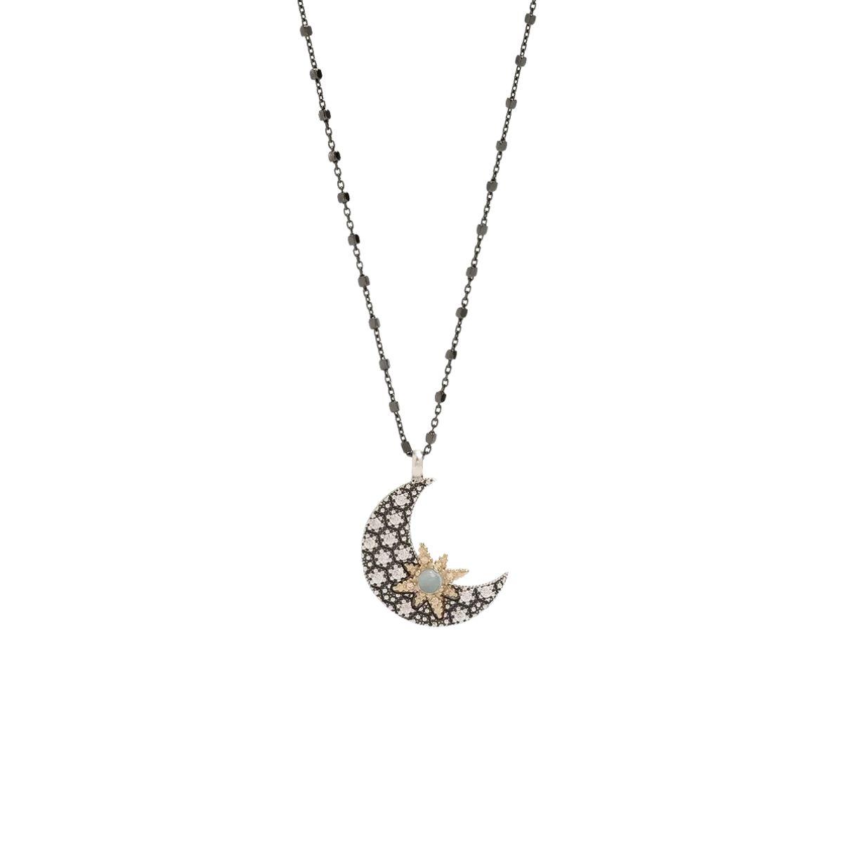 penjoll sunfield en forma de lluna de plata, circonites blanc perla i opal