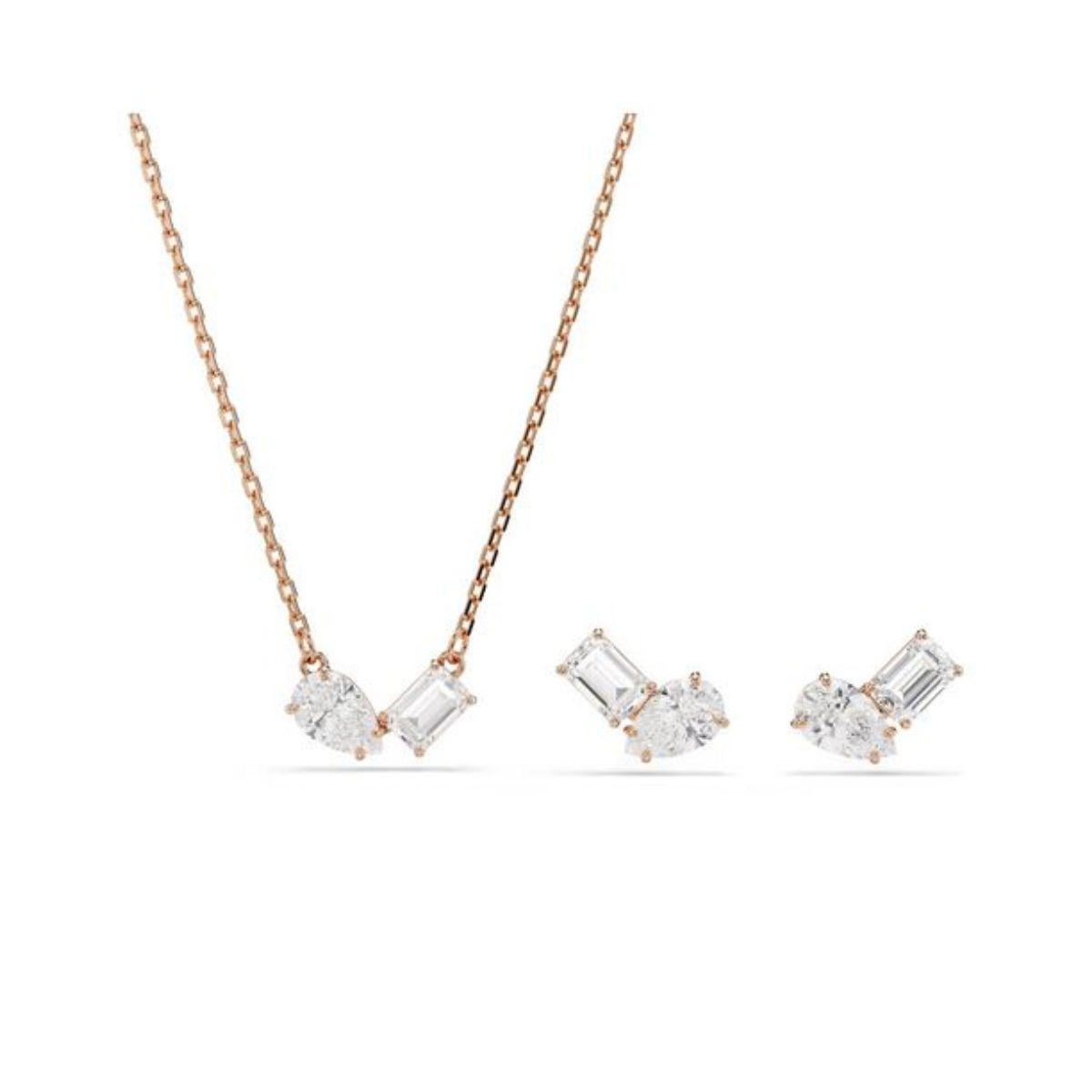 CONJUNTO SWAROVSKI MESMERA DE COLLAR Y PENDIENTES BAÑADOS EN TONO ORO ROSA Y CRISTALES EN FORMA OCTOGONAL Y PERA 5734246