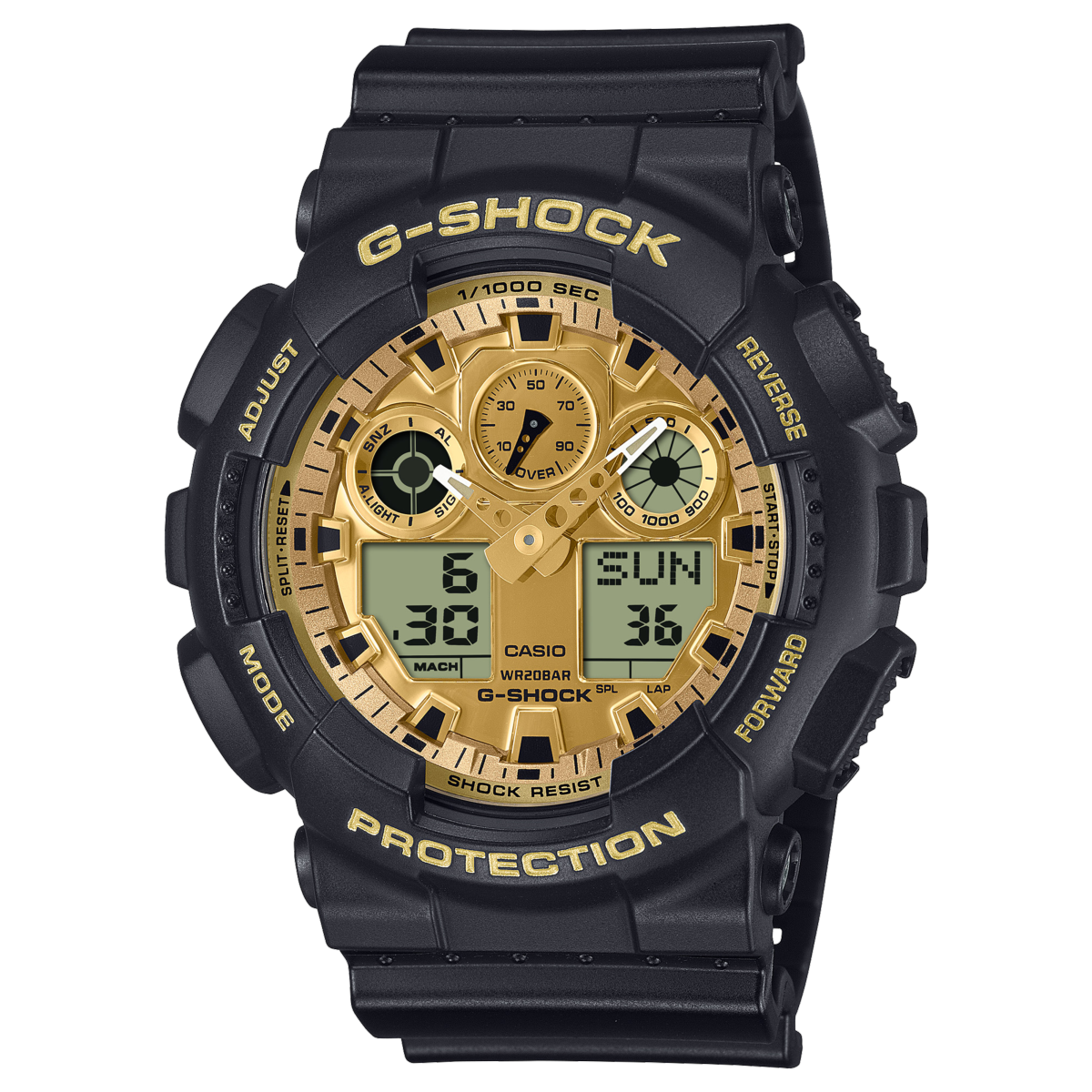 Casio G-SHOCK GA-100GGB-1A9ER black watch with gold dial and resin strap.