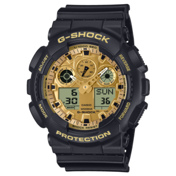 Casio G-SHOCK GA-100GGB-1A9ER black watch with gold dial and resin strap.