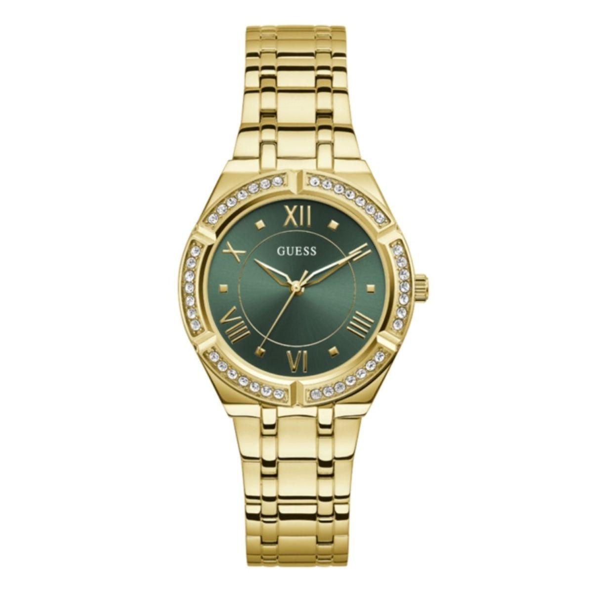reloj marca guess de color dorado y esfera de color verde