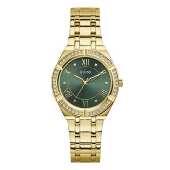 reloj marca guess de color dorado y esfera de color verde