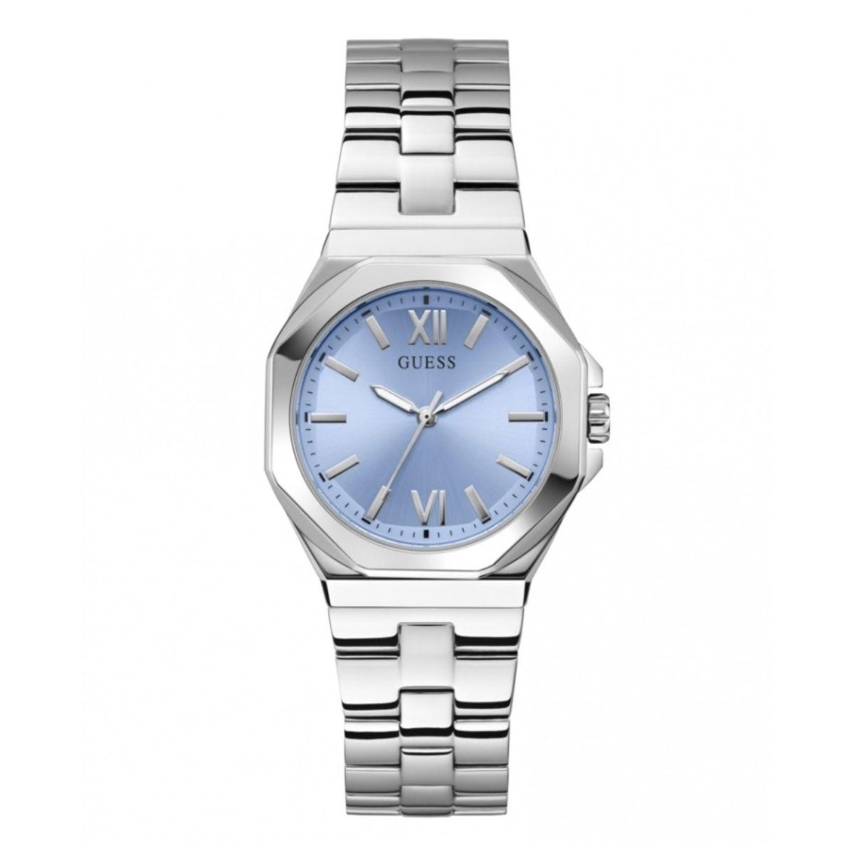 RELOJ GUESS EMPRESS COLOR PLATEADO CON ESFERA AZUL GW0873L1