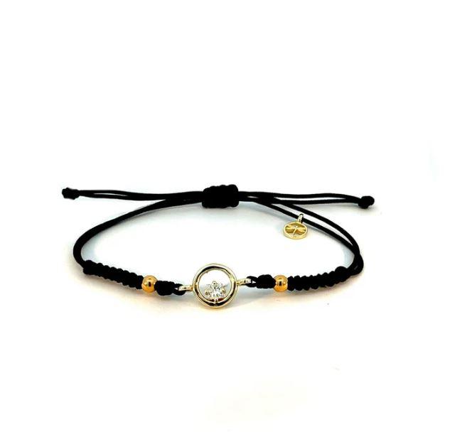 PULSERA LOMIKO DE ORO AMARILLO 9K, DIAMANTE TALLA PRINCESA Y MACRAME NEGRO KPU0008A