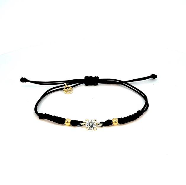 PULSERA LOMIKO DE ORO AMARILLO 9K, DIAMANTE Y MACRAME NEGRO KPU0014A