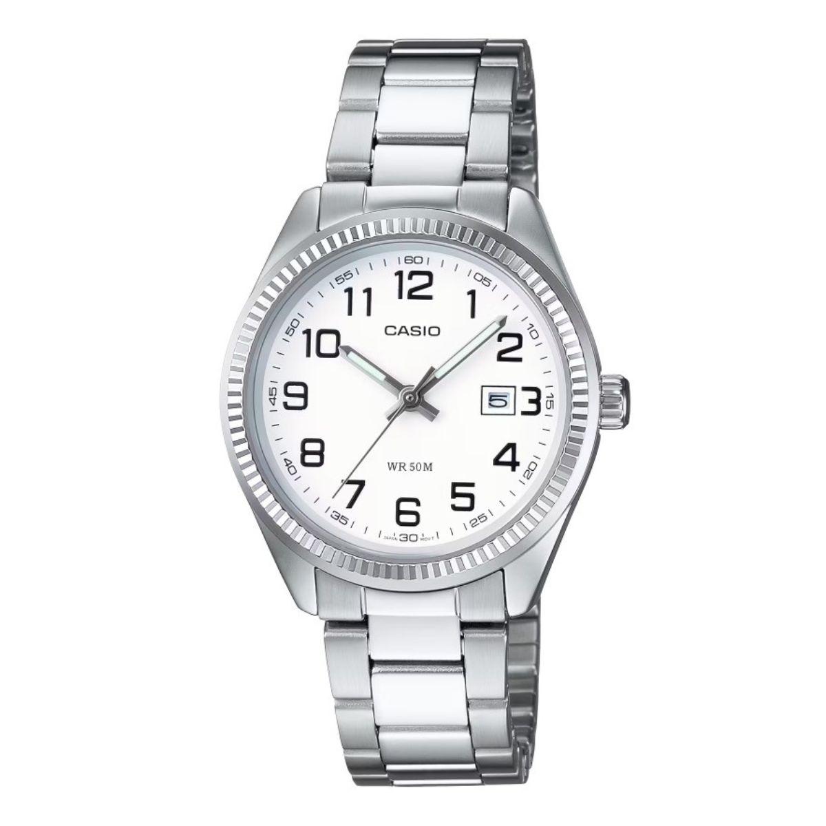 RELOJ CASIO COLLECTION PLATEADO Y BLANCO CON ESFERA BLANCA LTP-1302PD-7BVEG