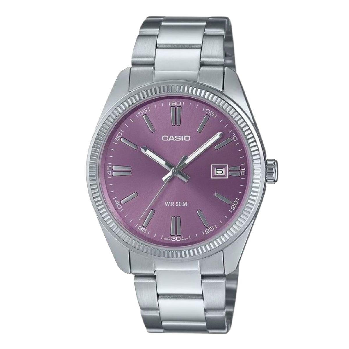 rellotge casio collection de color platejat i esfera lila per a home
