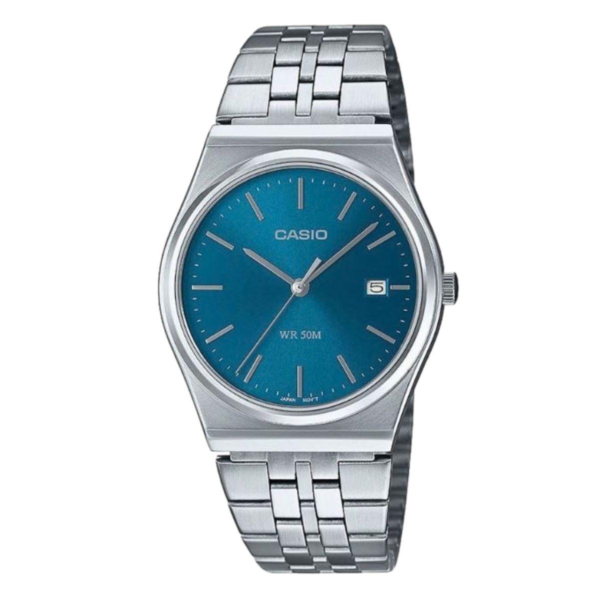Men's Casio Collection silver-tone steel watch with a blue dial