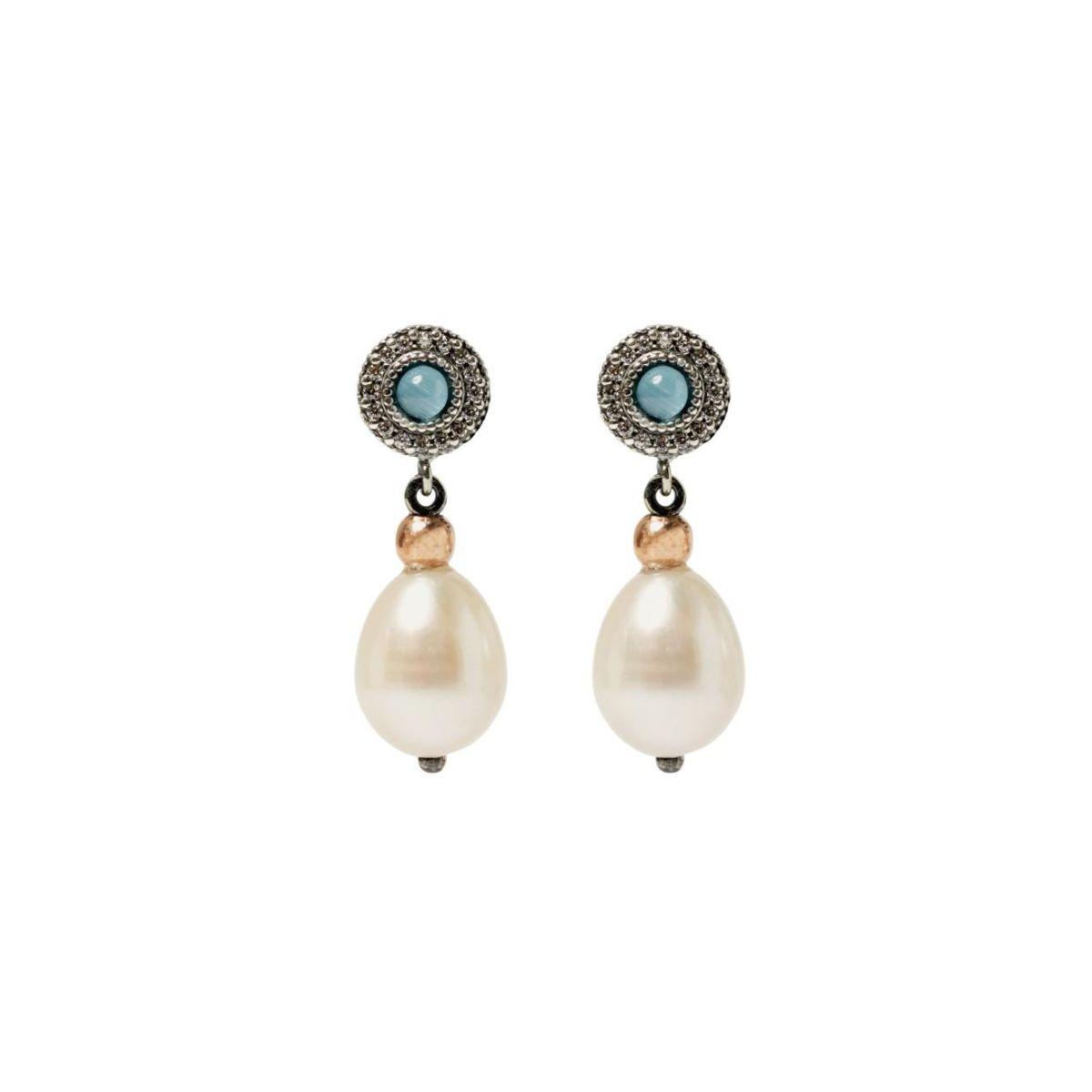 Sunfield Morenita Mia Classy earrings. Antique silver earrings with baroque pearls, blue chalcedony, and cubic zirconia.