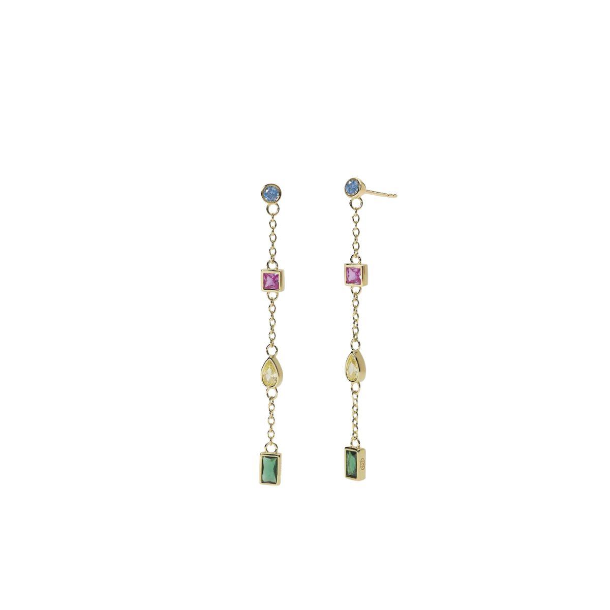 Arracades penjolls de plata xapats en or per a dona amb circonites multicolors.