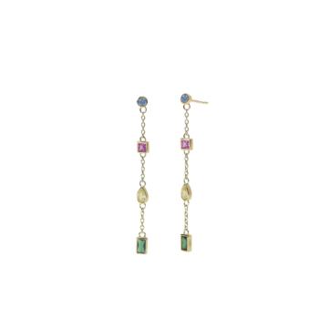 Arracades penjolls de plata xapats en or per a dona amb circonites multicolors.