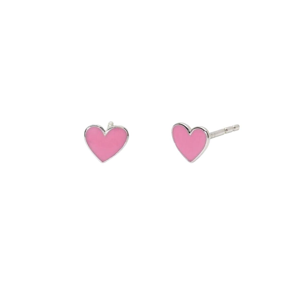 Rhodium-plated silver earrings with enameled hearts.