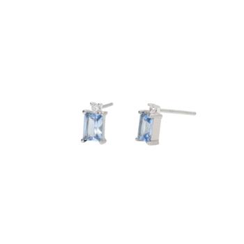 Arracades de plata rodiada per a dona amb aiguamarina sintètica de talla princesa i punta brillant.