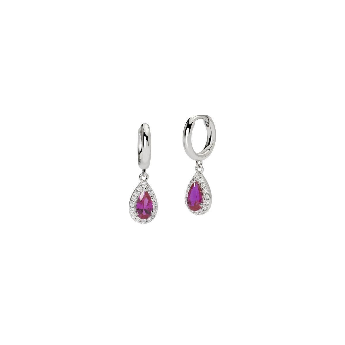 MABINA SILVER HOOP EARRING WITH TEARCUT SYNTHETIC RUBIES AND ZIRCONIAS 563734