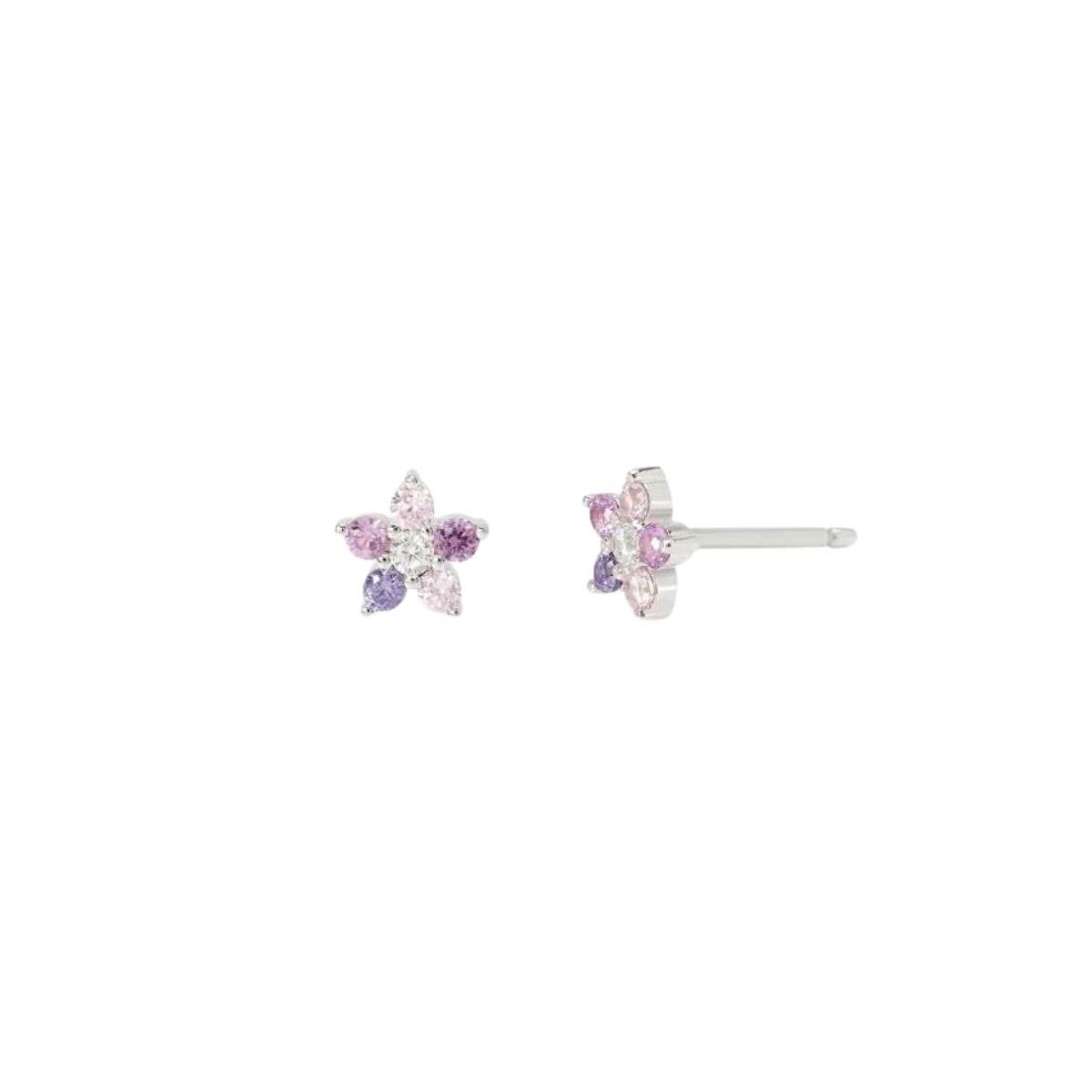 Mabina Junior silver flower-shaped earrings with pink cubic zirconia and synthetic pink tourmaline