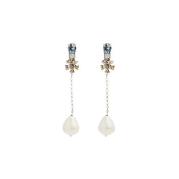Arracades sunfield llargues de plata envellida amb perles i motiu floral, adornades amb zircònies i quars rosa per a un estil romàntic i elegant.