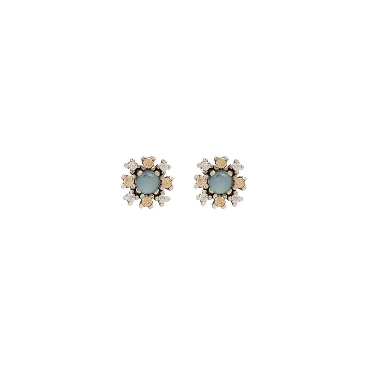 Damasco collection earrings in recycled silver featuring a central opal stone surrounded by crystal and champagne-toned zirconias; an elegant, versatile, and floral design.