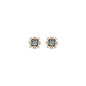 Damasco collection earrings in recycled silver featuring a central opal stone surrounded by crystal and champagne-toned zirconias; an elegant, versatile, and floral design.