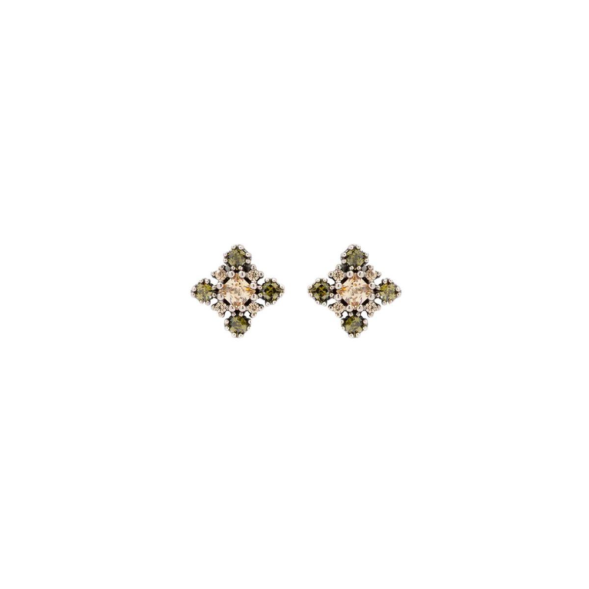 Sunfield Damasco collection earrings in recycled silver decorated with a geometric composition of peridot green, crystal, and champagne-toned zirconias; a symmetrical, luminous, and original design.