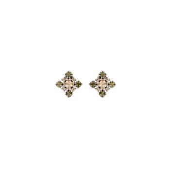 Sunfield Damasco collection earrings in recycled silver decorated with a geometric composition of peridot green, crystal, and champagne-toned zirconias; a symmetrical, luminous, and original design.