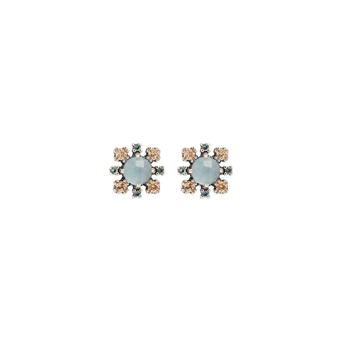 Sunfield Damasco collection silver earrings featuring a central aquamarine quartz stone surrounded by mint green and champagne zirconias; a floral, luminous, and versatile design.